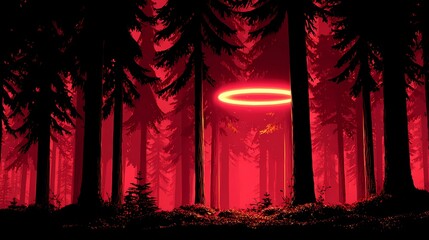 Surreal forest scene featuring a neon ring, casting ethereal reflections and soft illumination through tree trunks and undergrowth.