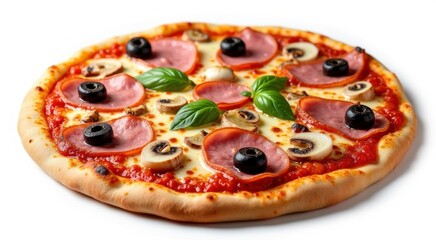 Pizza with pepperoni olives and basil leaves