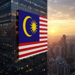 Majestic Malaysian Flag Adorning Modern Skyscraper at Sunset
