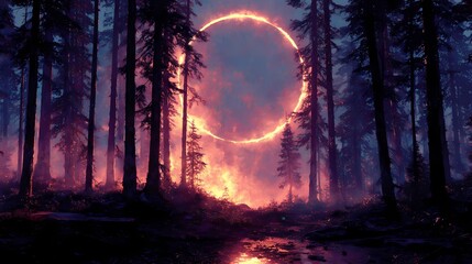 Surreal forest scene featuring a neon ring, casting ethereal reflections and soft illumination through tree trunks and undergrowth.