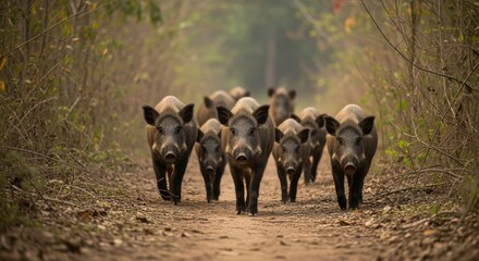 A group of wild boars walking down a forest trail surrounded by greenery and soft light