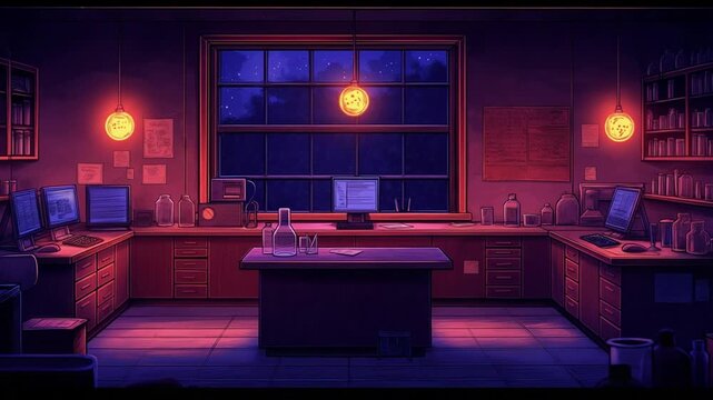 A cartoon laboratory interior at night with computers and beakers under hanging lights near a window