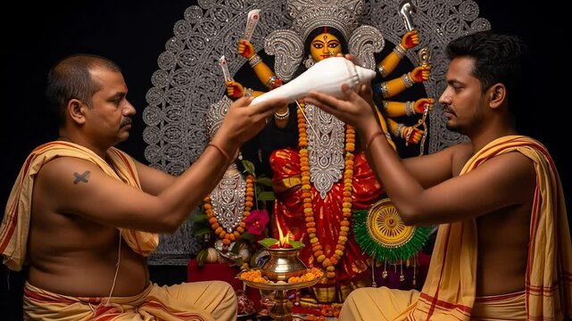 Two Men Performing Ritual with Conch Shell Before Durga Idol with Gold Decorations and Black Background