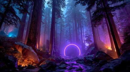 Surreal forest scene featuring a neon ring, casting ethereal reflections and soft illumination through tree trunks and undergrowth.