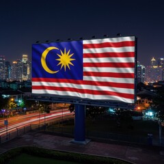 Malaysia Flag on Billboard at Night Cityscape: A Stunning Display of Malaysian Patriotism