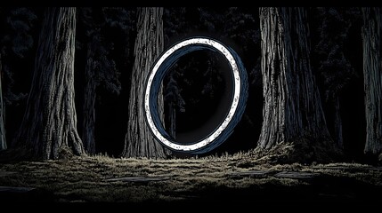 Surreal forest scene featuring a neon ring, casting ethereal reflections and soft illumination through tree trunks and undergrowth.