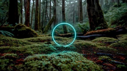 Surreal forest scene featuring a neon ring, casting ethereal reflections and soft illumination through tree trunks and undergrowth.