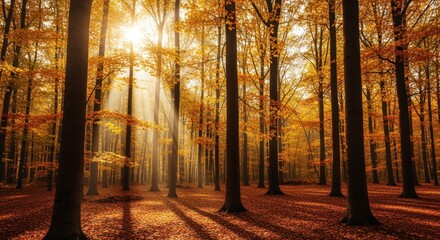 Serene autumn forest with golden leaves, sunlight filtering through trees, creating a tranquil atmosphere