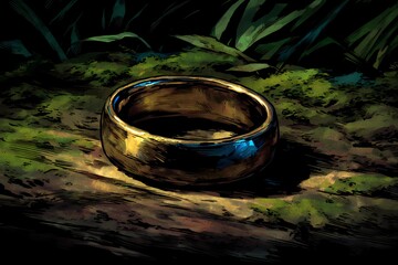 Surreal forest scene featuring a neon ring, casting ethereal reflections and soft illumination through tree trunks and undergrowth.