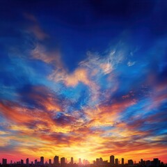 Obraz premium Dramatic sunset over a city skyline.