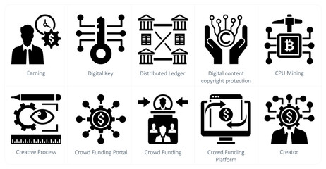 A set of 10 mix icons as earning, digital key, distributed ledger