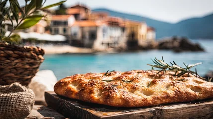 Plexiglas schilderij Liguria Delicious focaccia with rosemary resting on wooden board by the sea in liguria  © Marta P. (Milacroft)