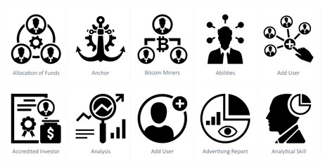 A set of 10 mix icons as allocation of funds, anchor, bitcoin miners