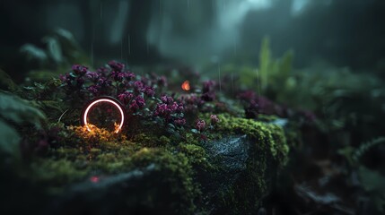 Surreal forest scene featuring a neon ring, casting ethereal reflections and soft illumination through tree trunks and undergrowth.
