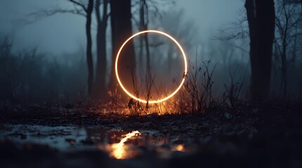 Surreal forest scene featuring a neon ring, casting ethereal reflections and soft illumination through tree trunks and undergrowth.