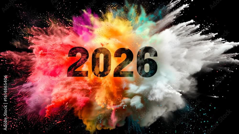 Aufkleber colorful explosion of vibrant powder creating a dynamic visual effect with the year 2026 prominently