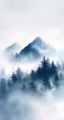 Obraz premium Misty mountain peaks shrouded in fog, dark evergreen trees below