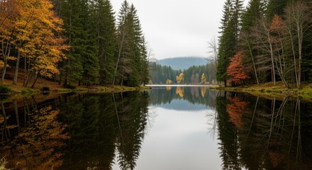 Tranquil autumn lake surrounded by colorful trees reflecting in calm waters under a cloudy sky