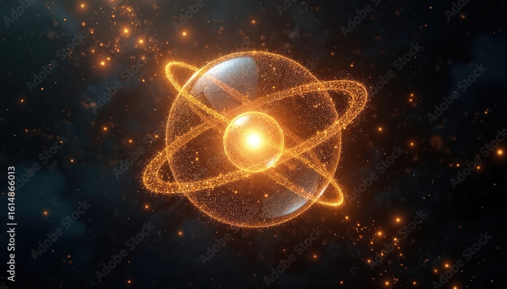 Poster abstract quantum visualization shows luminous atomic sphere. golden particles radiate from brilliant