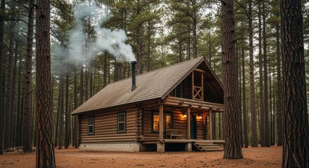 Cozy log cabin with smoke rising from the chimney in a serene forest setting during twilight