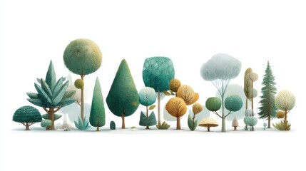 Collection of Whimsical Illustrated Trees in Various Shapes and Sizes