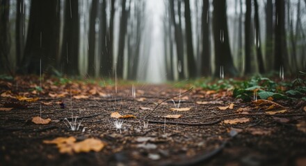 Tranquil forest path during rainfall, showcasing fallen leaves and misty atmosphere