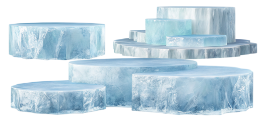 Multiple translucent ice blocks stacked in an abstract formation with frosty blue texture