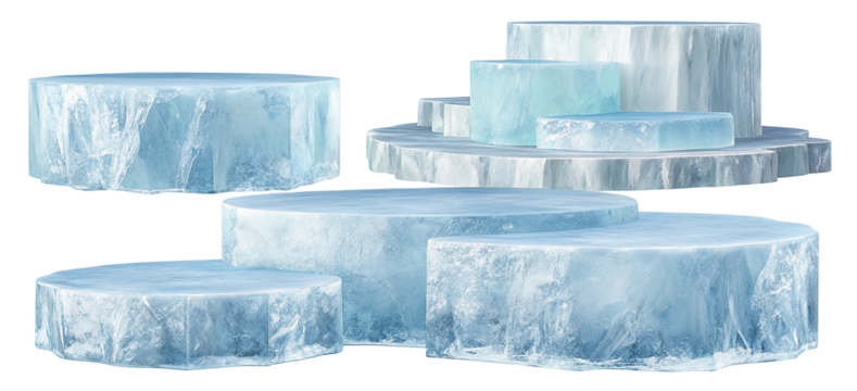 Multiple translucent ice blocks stacked in an abstract formation with frosty blue texture