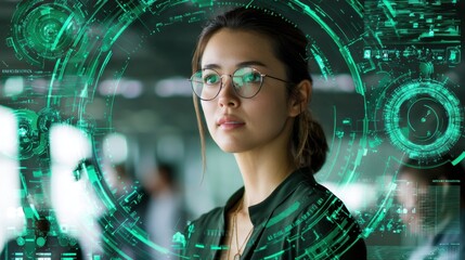 Focused Woman with Teal Digital Interface Overlay