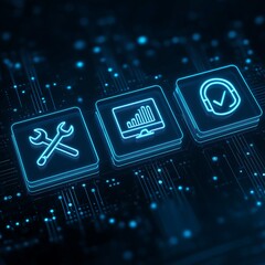 Four neon blue icons on dark tech background: crossed wrench & screwdriver, bar chart monitor, shield with checkmark, customer support agent