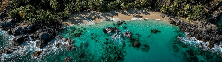 Aerial view of a tropical beach: white sand meets turquoise water, palm trees dot the coast, lush greenery surrounds, clear water with gentle waves