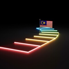 Malaysian Flag at the End of a Rainbow Neon Path: A Symbolic Journey to Success