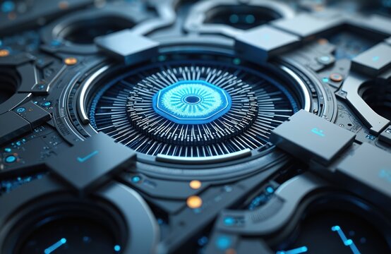 Abstract close-up of futuristic quantum processor. Intricate blue glowing core with surrounding metallic components. Advanced tech machine, complex calculations, high-tech engineering, data