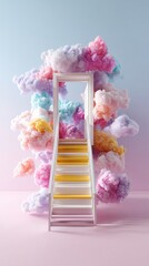 Pastel Clouds Surround Golden Stairs Leading to White Doorway