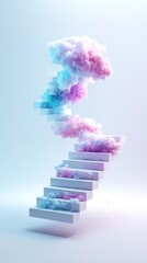 Pastel Pink And Blue Cloud Staircase Abstract Surreal 3D Rendering