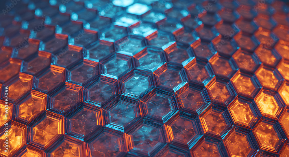 Poster abstract hexagonal structure with dynamic orange and blue lighting showcasing depth