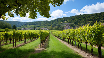 Scenic French vineyard with ripe green grapes hanging