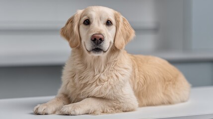 Bright golden retriever lounging happily in a modern studio with soft colors and natural light streaming through. National Pet Insurance Month