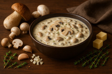 Classic Mushroom Sauce in Ceramic Bowl with Ingredients – AI-generated