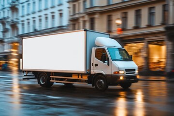 White delivery truck driving through city with ad space