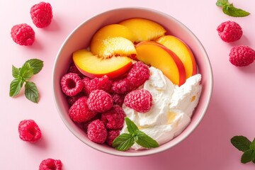 Fresh peaches and raspberries with cream cheese in pink bowl
