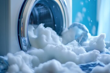 Modern washing machine with foam and clothes banner