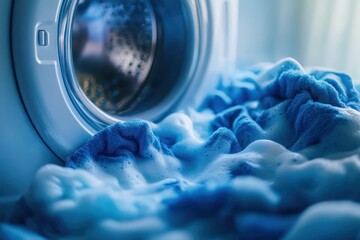 Modern washing machine with foam and clothes banner