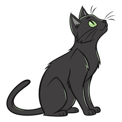 A stylized cartoon black cat with bright green eyes sits looking upwards