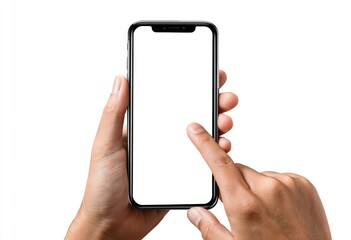 Two hands hold a smartphone with a blank white screen, one finger lightly touches the display.  The phone is dark-colored and modern in design, isolated on a white background