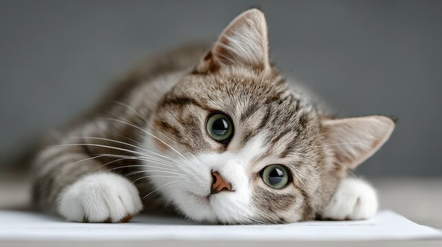 Captivating moments of a curious cat resting comfortably on white paper. National Pet Insurance Month
