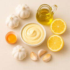 Aioli Sauce in Ceramic Bowl with Ingredients – AI-generated