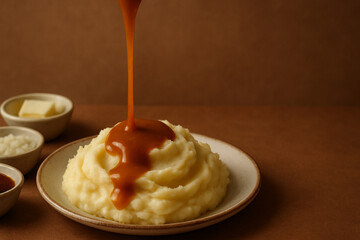 Gravy Sauce Poured Over Mashed Potatoes with Ingredients – AI-generated