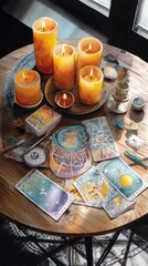 Warm Yellow Candles and Tarot Cards on Wooden Table