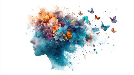 Watercolor Profile of a Woman with Flowers and Butterflies
